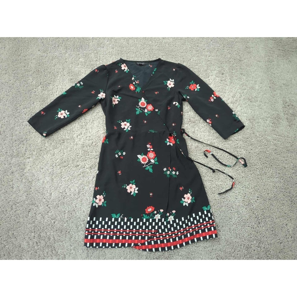 Topshop Wrap Dress Womens 4 Black Floral 3/4 Sleeve Geometric‎ Border Mini Boho